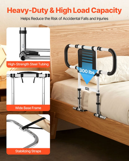 Bed Rail for Elderly, Foldable & Extendable Bedside Assist Rail with Side Handles & PU Handrail, Adjustable Height Carbon Steel Pipe Bedside Cane, Senior Bed Bar Fits King, Queen, Full, Twin
