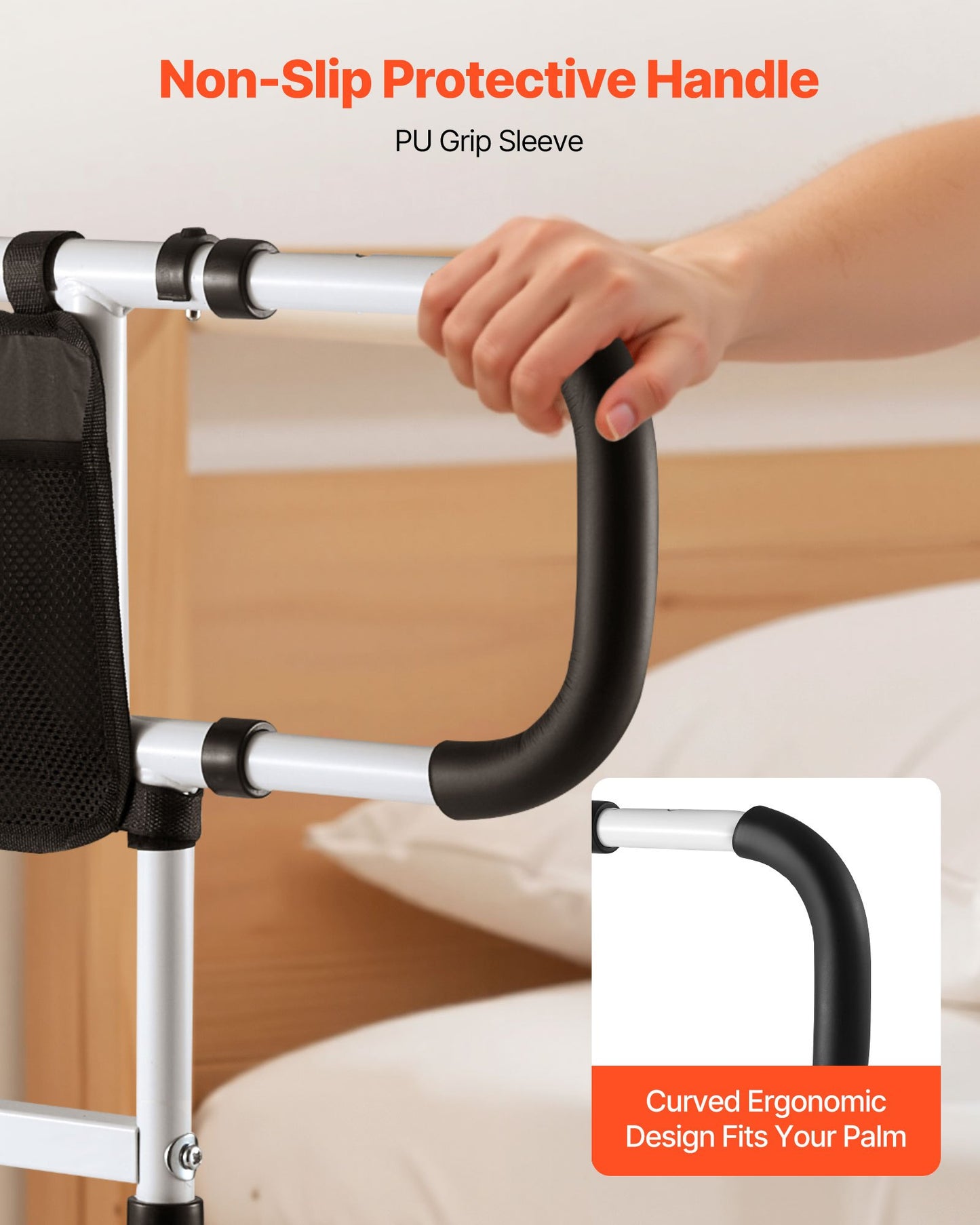 Bed Rail for Elderly, Foldable & Extendable Bedside Assist Rail with Side Handles & PU Handrail, Adjustable Height Carbon Steel Pipe Bedside Cane, Senior Bed Bar Fits King, Queen, Full, Twin