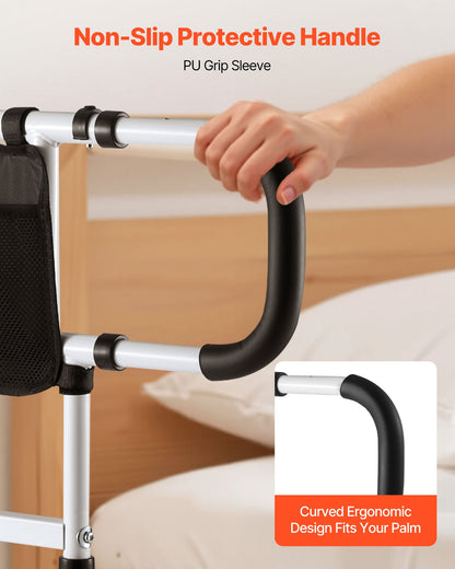 Bed Rail for Elderly, Foldable & Extendable Bedside Assist Rail with Side Handles & PU Handrail, Adjustable Height Carbon Steel Pipe Bedside Cane, Senior Bed Bar Fits King, Queen, Full, Twin