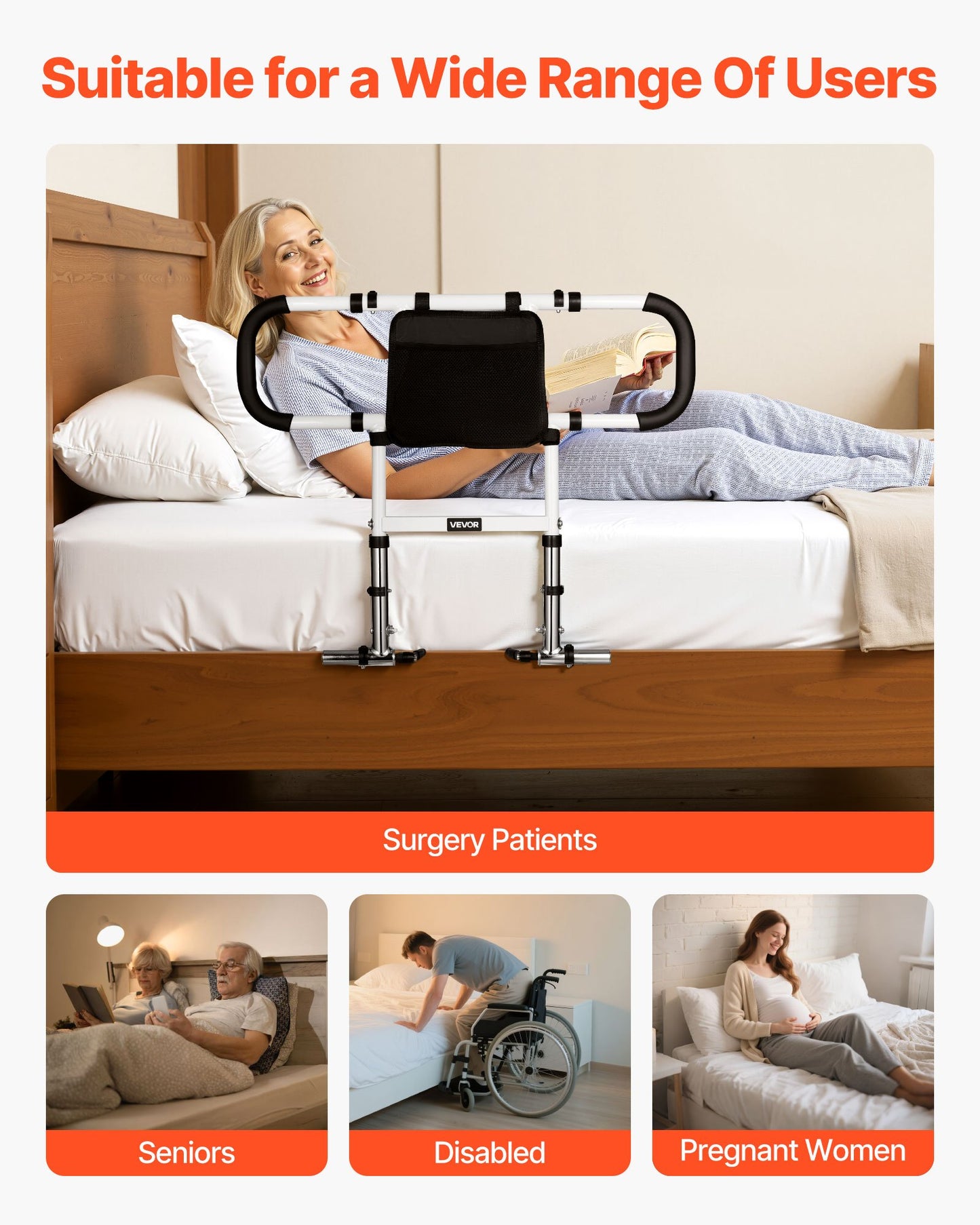 Bed Rail for Elderly, Foldable & Extendable Bedside Assist Rail with Side Handles & PU Handrail, Adjustable Height Carbon Steel Pipe Bedside Cane, Senior Bed Bar Fits King, Queen, Full, Twin