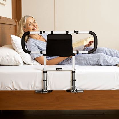 Bed Rail for Elderly, Foldable & Extendable Bedside Assist Rail with Side Handles & PU Handrail, Adjustable Height Carbon Steel Pipe Bedside Cane, Senior Bed Bar Fits King, Queen, Full, Twin