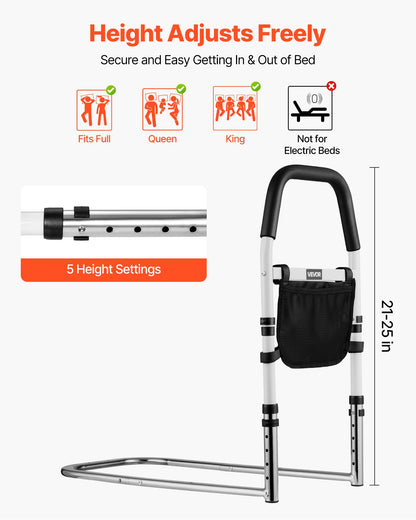 Bed Rail for Elderly, Bedside Assist Rails with PU Handrail, Adjustable Height Pipe Bedside Cane, High-Strength Carbon Steel Bed Bars for Seniors & Patients, Fits King, Queen, Full, Twin