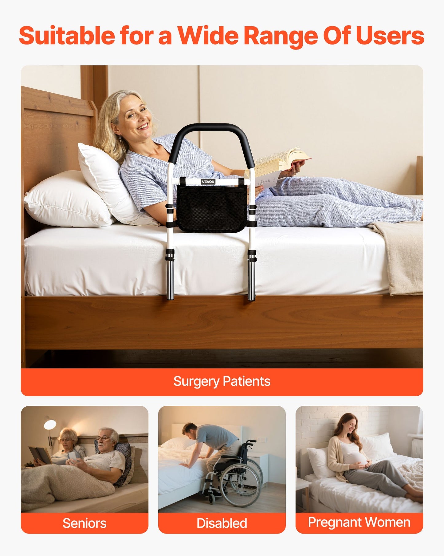 Bed Rail for Elderly, Bedside Assist Rails with PU Handrail, Adjustable Height Pipe Bedside Cane, High-Strength Carbon Steel Bed Bars for Seniors & Patients, Fits King, Queen, Full, Twin