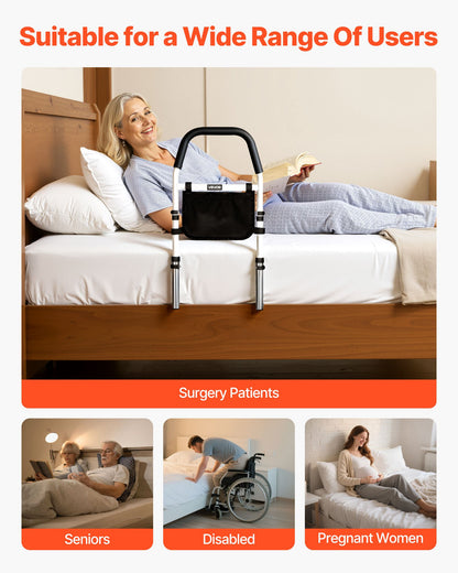 Bed Rail for Elderly, Bedside Assist Rails with PU Handrail, Adjustable Height Pipe Bedside Cane, High-Strength Carbon Steel Bed Bars for Seniors & Patients, Fits King, Queen, Full, Twin
