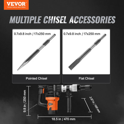 Abbruchhammer, Betonbrecher, 1600 W Elektrohammer mit 2 Meißelaufsätzen