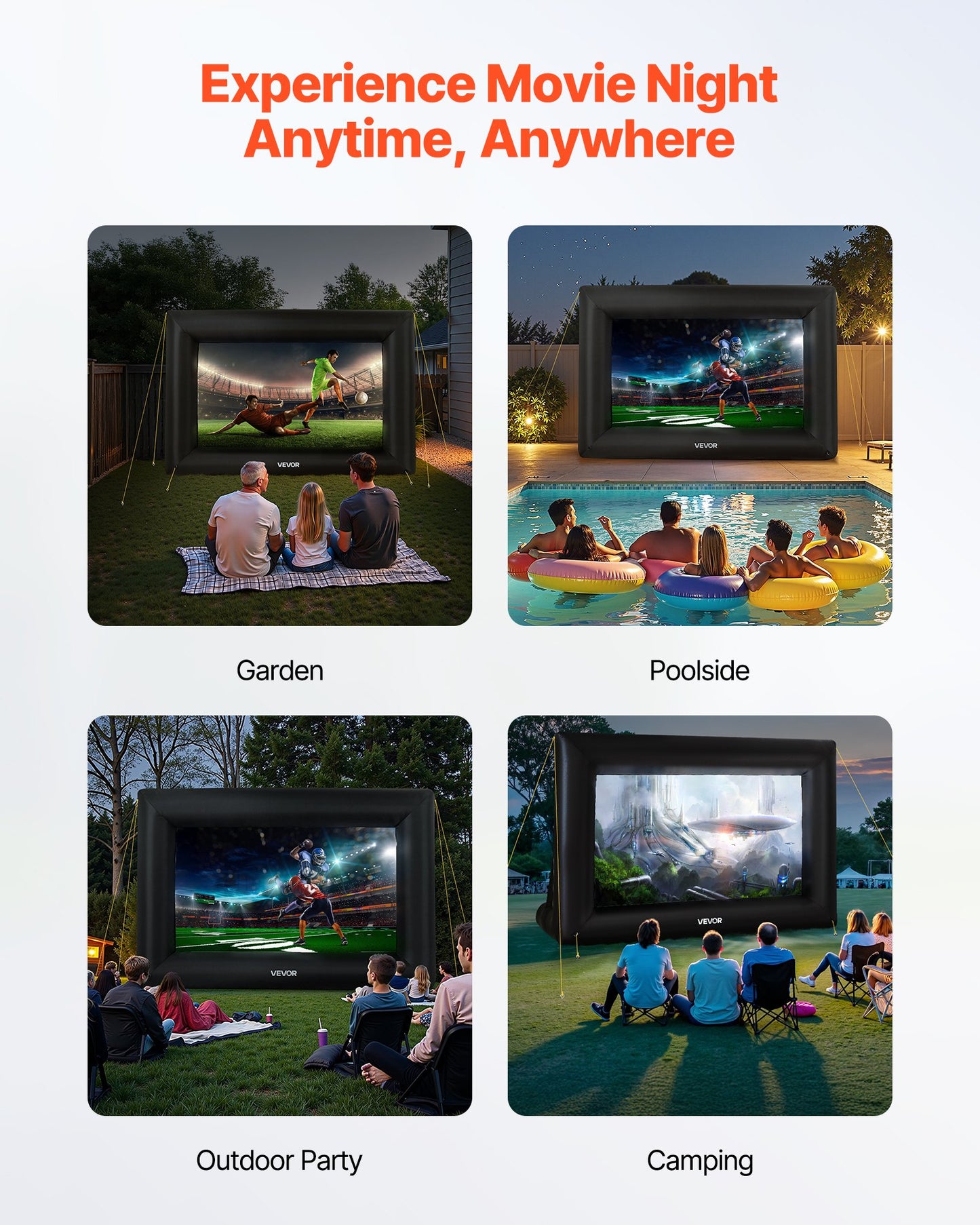 14 ft Inflatable Movie Screen, 600D Washable Inflatable Projection Screen with Portable Storage Bag, Easy Set Up 16:9 Movie Projector for Outdoor Backyard, Home Theater, Theme Party, Pool Fun