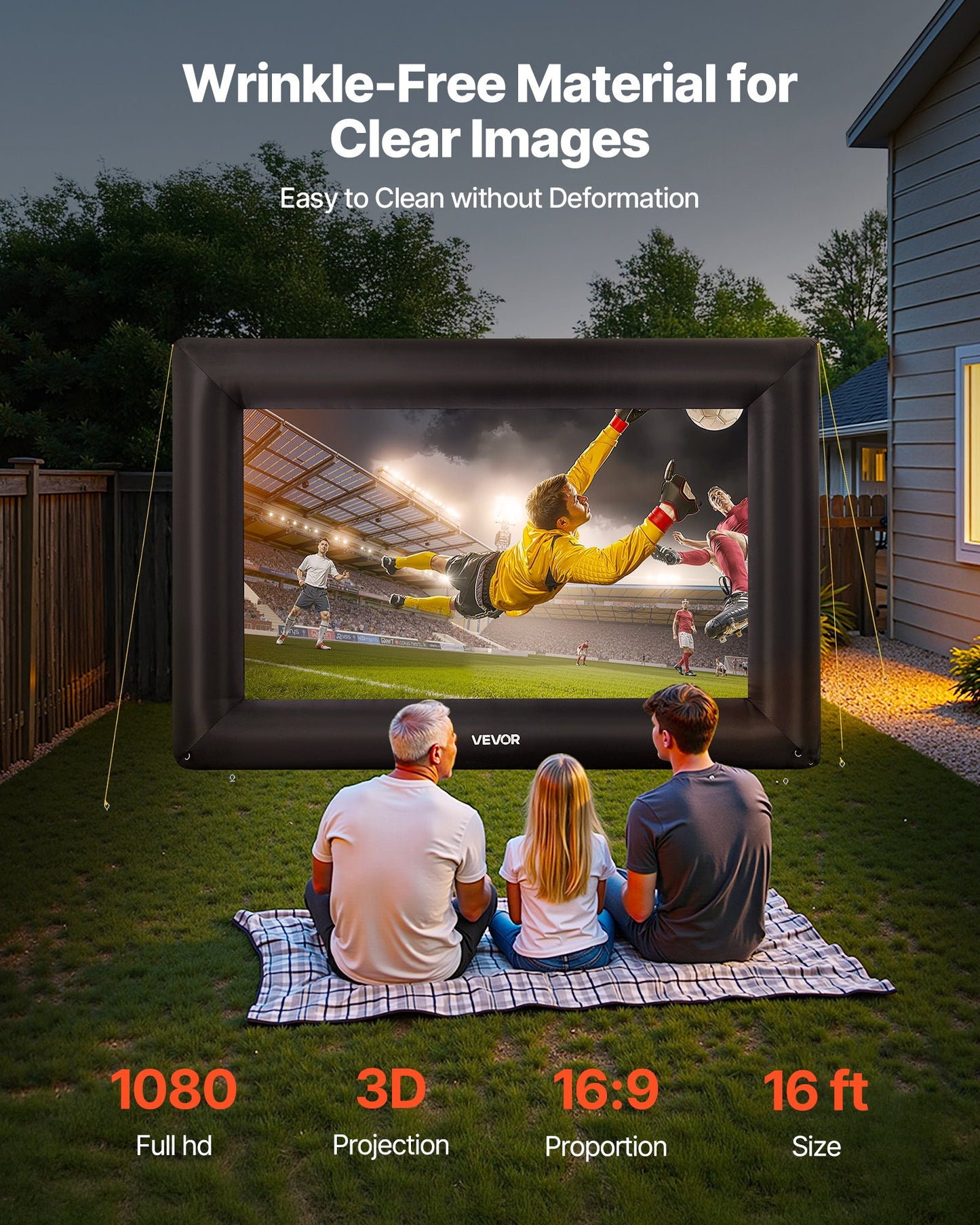 16 ft Inflatable Movie Screen, 600D Washable Inflatable Projection Screen with Portable Storage Bag, Easy Set Up 16:9 Movie Projector for Outdoor Backyard, Home Theater, Theme Party, Pool Fun