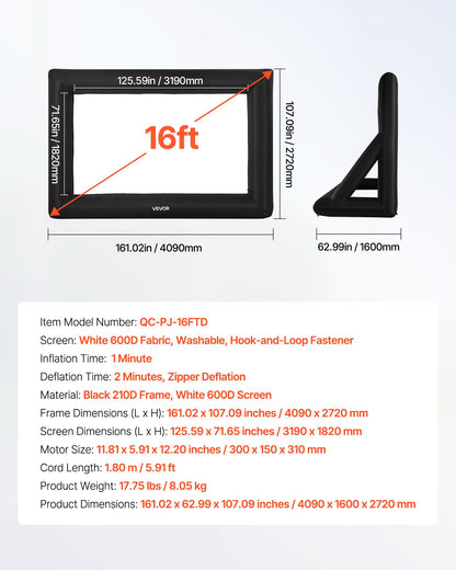 16 ft Inflatable Movie Screen, 600D Washable Inflatable Projection Screen with Portable Storage Bag, Easy Set Up 16:9 Movie Projector for Outdoor Backyard, Home Theater, Theme Party, Pool Fun