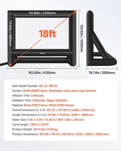 18 ft Inflatable Movie Screen, 600D Washable Inflatable Projector Screen with Portable Storage Bag, 16:9 Easy Set Up Movie Projection for Outdoor Backyard, Home Theater, Theme Party, Pool Fun