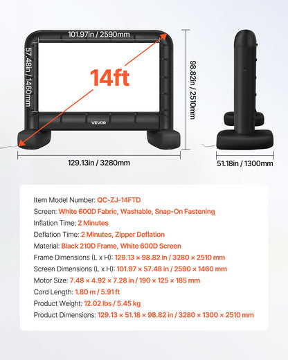 14 ft Inflatable Movie Screen, 600D Washable Inflatable Projector Screen with Portable Storage Bag, 16:9 Easy Set Up Movie Projection for Outdoor Backyard, Home Theater, Theme Party, Pool Fun