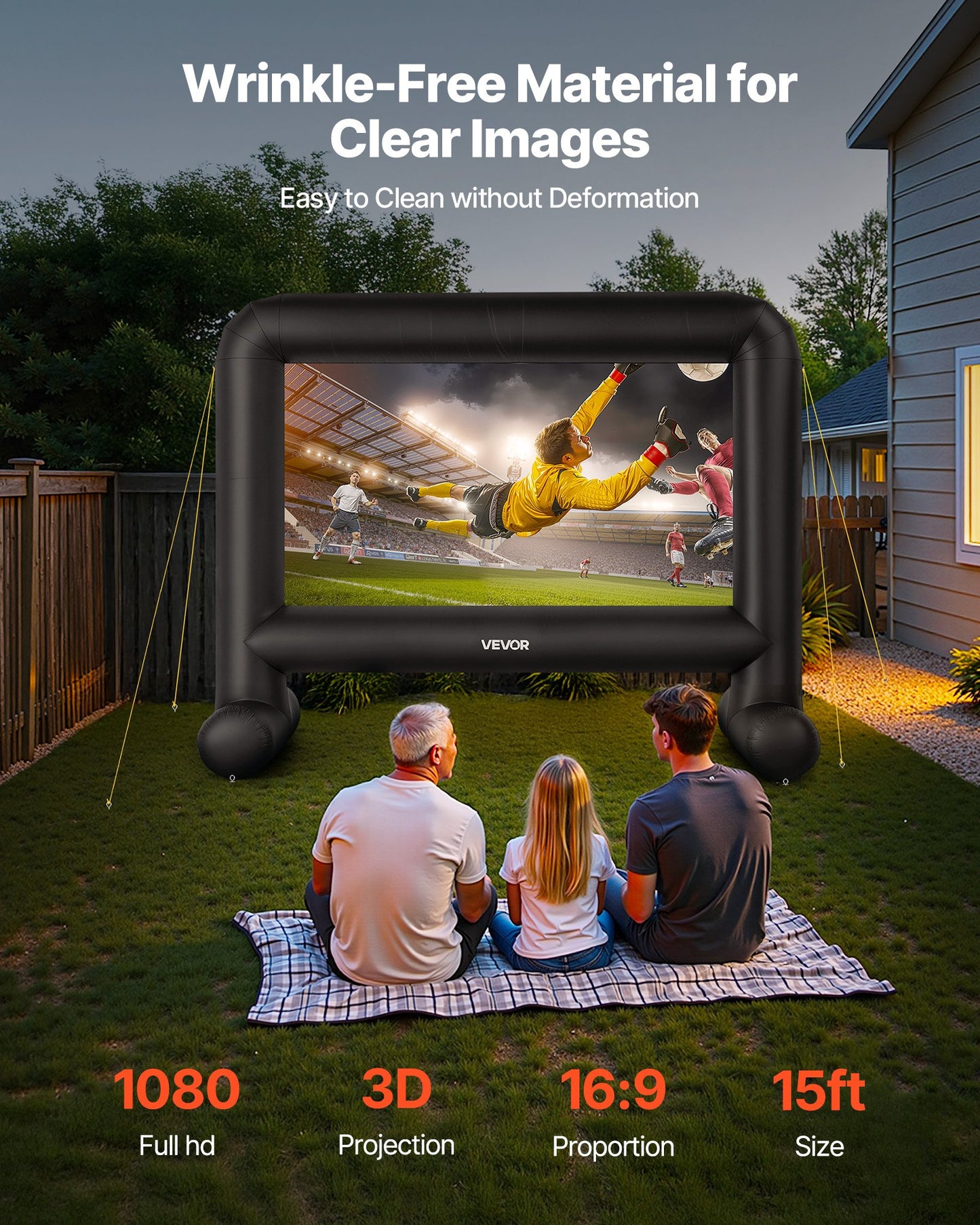 15 ft Inflatable Movie Screen, 600D Washable Inflatable Projection Screen with Portable Storage Bag, Easy Set Up 16:9 Movie Projector for Outdoor Backyard, Home Theater, Theme Party, Pool Fun