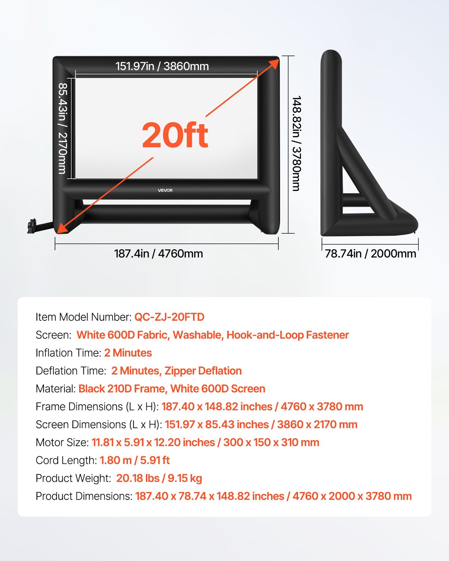 20 ft Inflatable Movie Screen, 600D Washable Inflatable Projector Screen with Portable Storage Bag, 16:9 Easy Set Up Movie Projection for Outdoor Backyard, Home Theater, Theme Party, Pool Fun