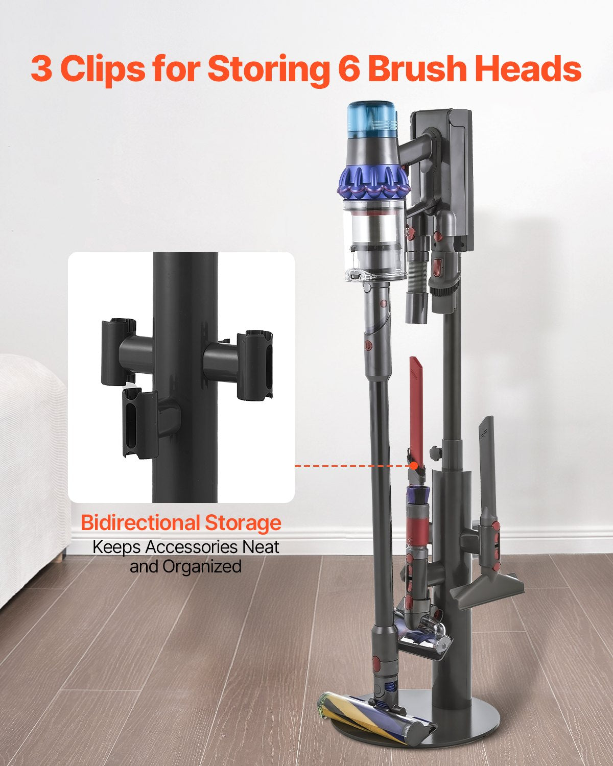 Vacuum Stand, Compatible With Dyson V7 V8 V10 V11 V12 V15 SV10 SV12 SV14 SV18 SV21 Upright Vacuum Cleaners & Accessories, Stable Vacuum Stand Holder with 3 Clips and Adjustable Height
