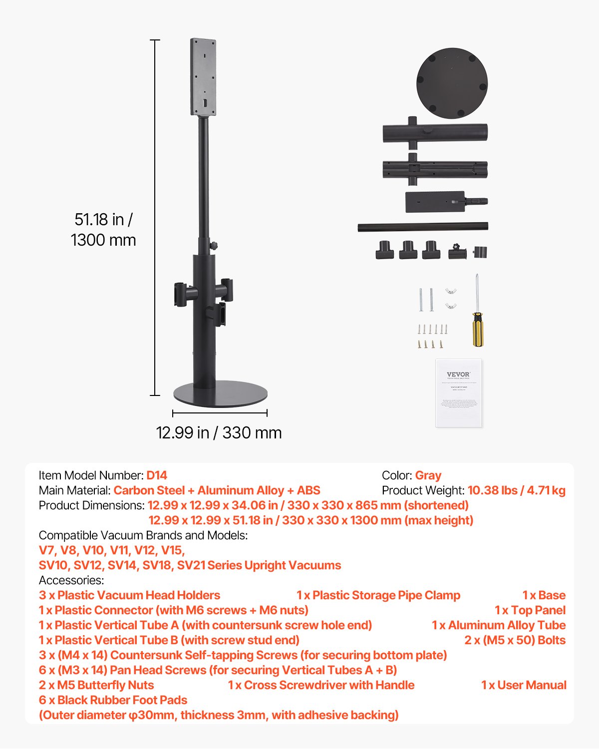 Vacuum Stand, Compatible With Dyson V7 V8 V10 V11 V12 V15 SV10 SV12 SV14 SV18 SV21 Upright Vacuum Cleaners & Accessories, Stable Vacuum Stand Holder with 3 Clips and Adjustable Height