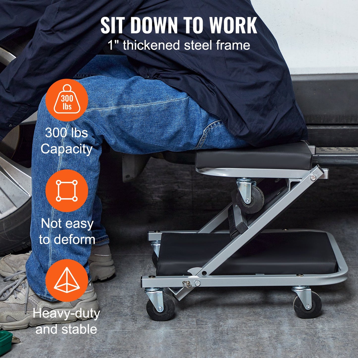 Z-Creeper Sitz, 2-in-1 Roll- und Klapp-Werkstattliege/Hocker, Tragkraft 136 kg, flache Werkstattliege mit 6 Rollen für Garage, Werkstatt, Autoreparatur, zum Liegen oder Sitzen, Schwarz