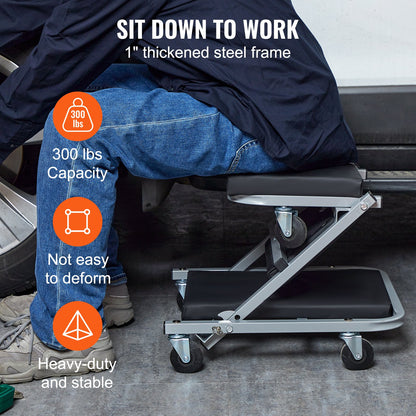 Z-Creeper Sitz, 2-in-1 Roll- und Klapp-Werkstattliege/Hocker, Tragkraft 136 kg, flache Werkstattliege mit 6 Rollen für Garage, Werkstatt, Autoreparatur, zum Liegen oder Sitzen, Schwarz