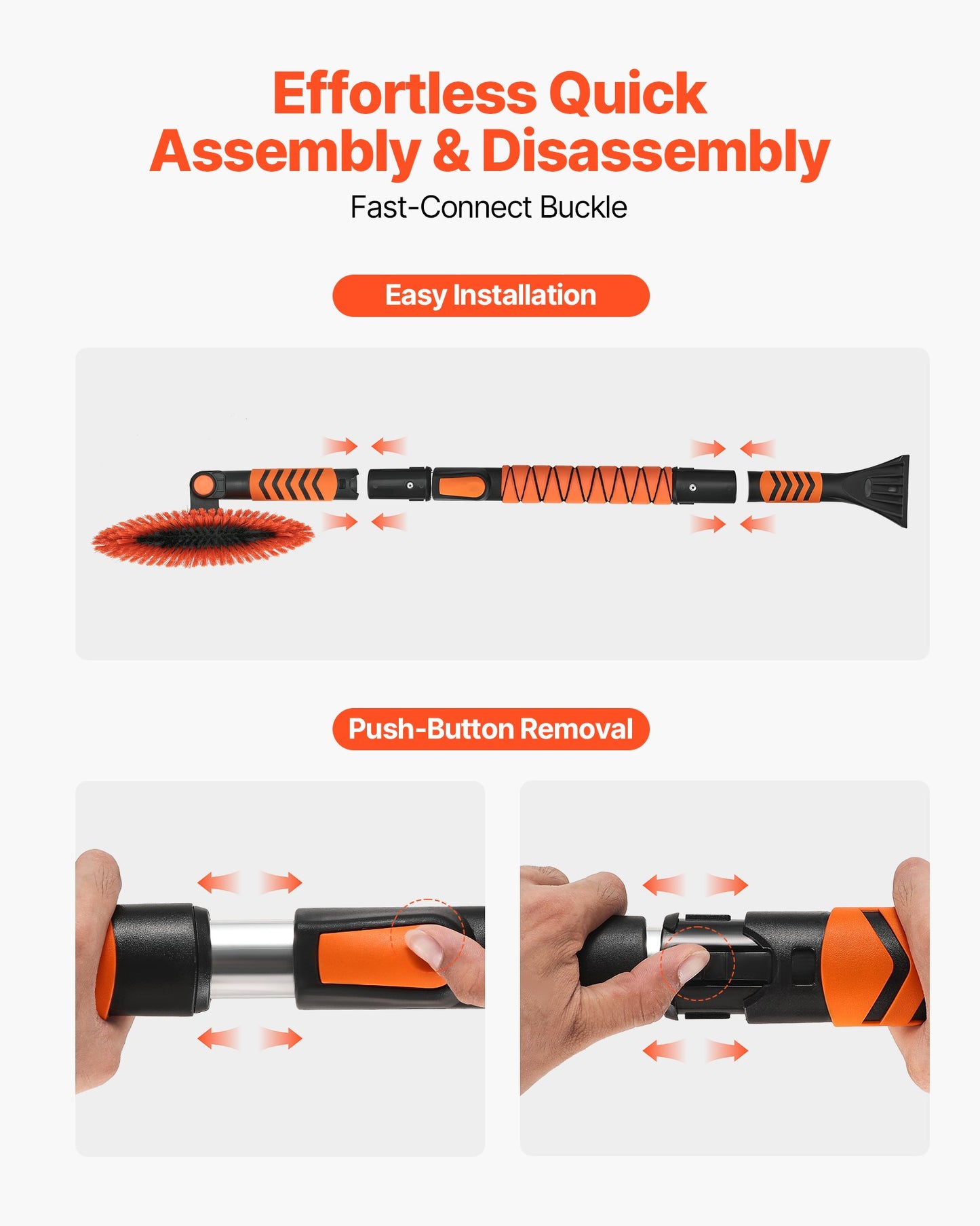 Schneeschaufel und Schneebesen, 107 cm ausziehbarer Schneebesen und Eiskratzer mit 180° schwenkbarem Bürstenkopf, rutschfestem Griff, tragbares Winterwerkzeug zur Schneeräumung für Pkw, Lkw und SUVs