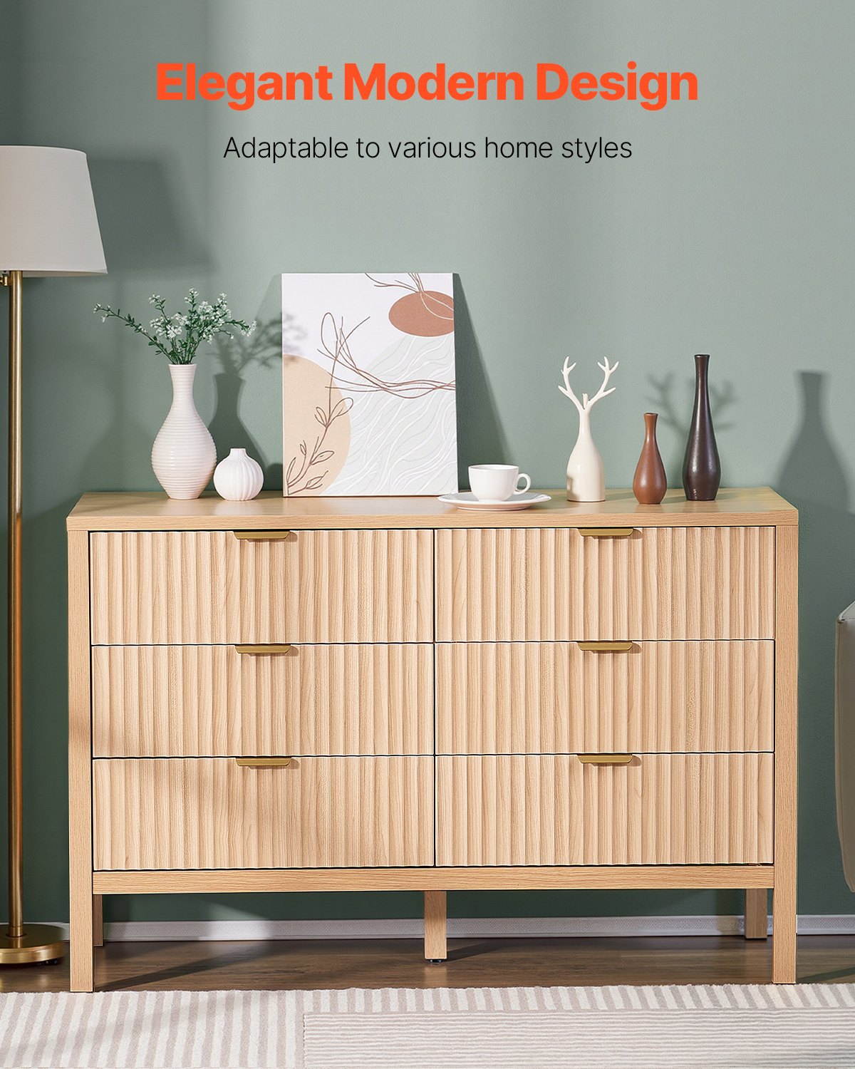 Kommode mit 6 Schubladen, Holzkommode mit Auszugsschienen und Kippsicherung, moderne minimalistische Kommode, Kleiderschrank-Organizer für Wohnzimmer, Flur, Schlafzimmer, Eingangsbereich, helles Holz