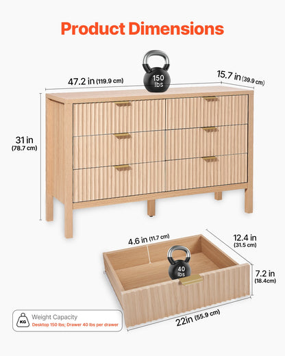 Kommode mit 6 Schubladen, Holzkommode mit Auszugsschienen und Kippsicherung, moderne minimalistische Kommode, Kleiderschrank-Organizer für Wohnzimmer, Flur, Schlafzimmer, Eingangsbereich, helles Holz