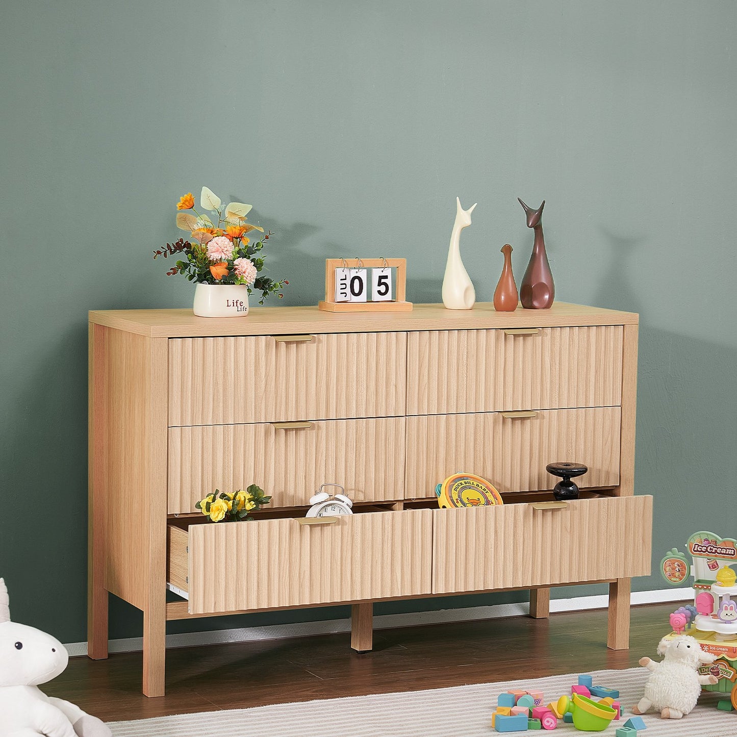 Kommode mit 6 Schubladen, Holzkommode mit Auszugsschienen und Kippsicherung, moderne minimalistische Kommode, Kleiderschrank-Organizer für Wohnzimmer, Flur, Schlafzimmer, Eingangsbereich, helles Holz