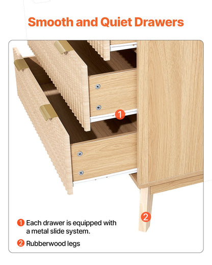 6 Fluted Drawer Dresser, Wooden Chest of Drawers with Sliding & Anti-tip Device, Modern Minimalist Dresser Chest, Fluted Closet Storage for Living Room, Hallway, Bedroom, Entryway, Light Wood