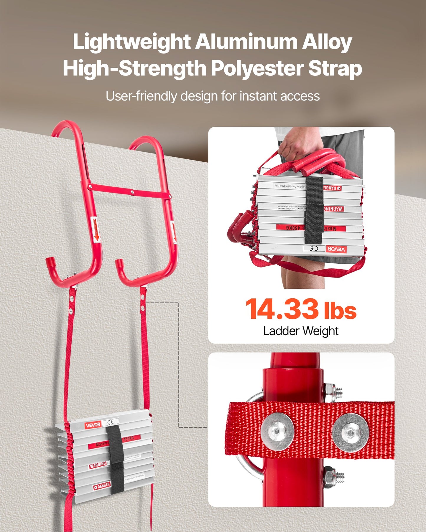 Feuerleiter, 3-geschossige, 7,62 m lange, ausziehbare Notfeuerleiter, leichte Sicherheitsleiter aus Aluminiumlegierung mit robustem Polyestergurt, rutschfesten Sprossen und breiten Stufen, max. Belastung 453 kg