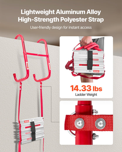 Feuerleiter, 3-geschossige, 7,62 m lange, ausziehbare Notfeuerleiter, leichte Sicherheitsleiter aus Aluminiumlegierung mit robustem Polyestergurt, rutschfesten Sprossen und breiten Stufen, max. Belastung 453 kg