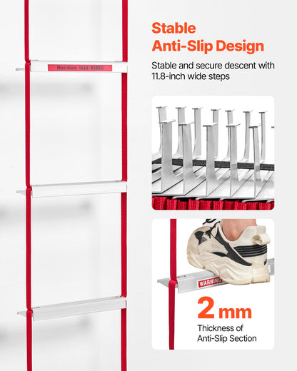 Feuerleiter, 3-geschossige, 7,62 m lange, ausziehbare Notfeuerleiter, leichte Sicherheitsleiter aus Aluminiumlegierung mit robustem Polyestergurt, rutschfesten Sprossen und breiten Stufen, max. Belastung 453 kg