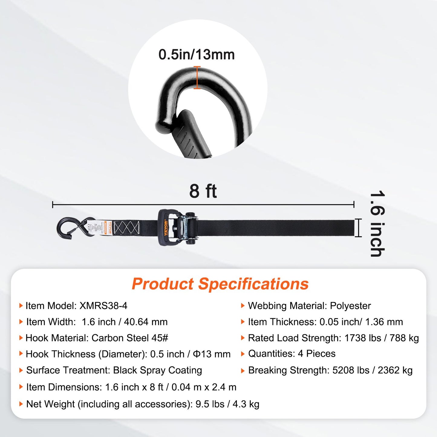 Ratschen-Spanngurte (4er-Pack), max. Bruchlast 2360 kg, inklusive 4 Premium-Ratschen-Spanngurte (4 cm x 2,4 m) mit gepolsterten Griffen, zum Sichern von Ladung, Haushaltsgeräten, Gartengeräten und Motorrädern beim Umzug.
