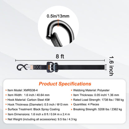 Ratschen-Spanngurte (4er-Pack), max. Bruchlast 2360 kg, inklusive 4 Premium-Ratschen-Spanngurte (4 cm x 2,4 m) mit gepolsterten Griffen, zum Sichern von Ladung, Haushaltsgeräten, Gartengeräten und Motorrädern beim Umzug.