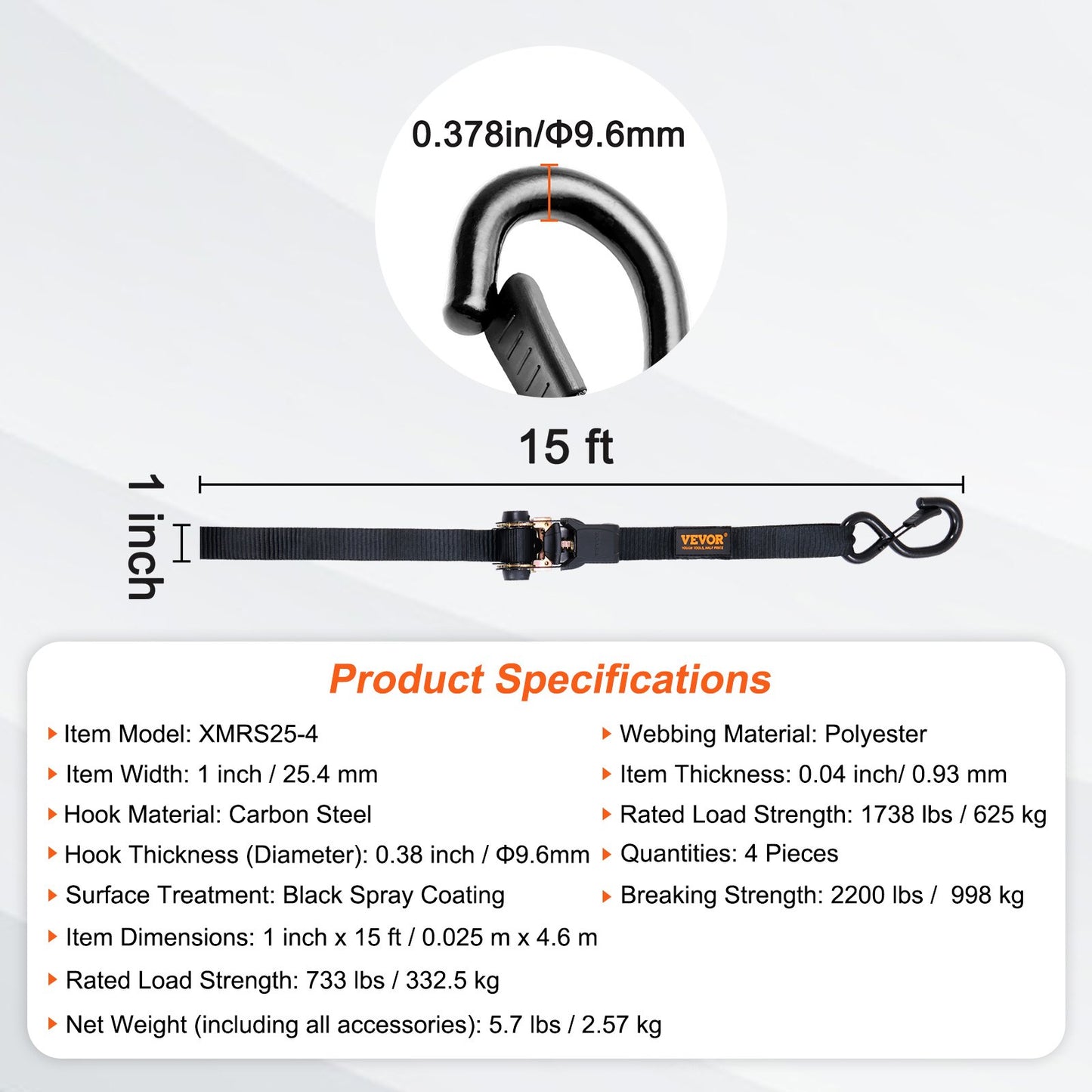 Ratschengurte (4er-Pack), max. Bruchlast 1000 kg, inklusive 4 hochwertiger 2,5 cm x 4,5 m Ratschengurte mit gepolsterten Griffen, zum Sichern von Ladung, Haushaltsgeräten, Gartengeräten und Motorrädern beim Umzug.