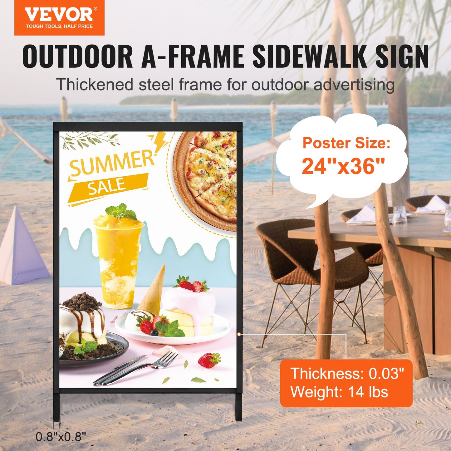 A Frame Sidewalk Sign, 24x36 Inch Heavy Duty Slide-in Signboard Holder, Double-Sided Folding Sandwich Board Signs, Steel Pavement Sign Poster for Outdoor Business Street Advertising (Frame only)
