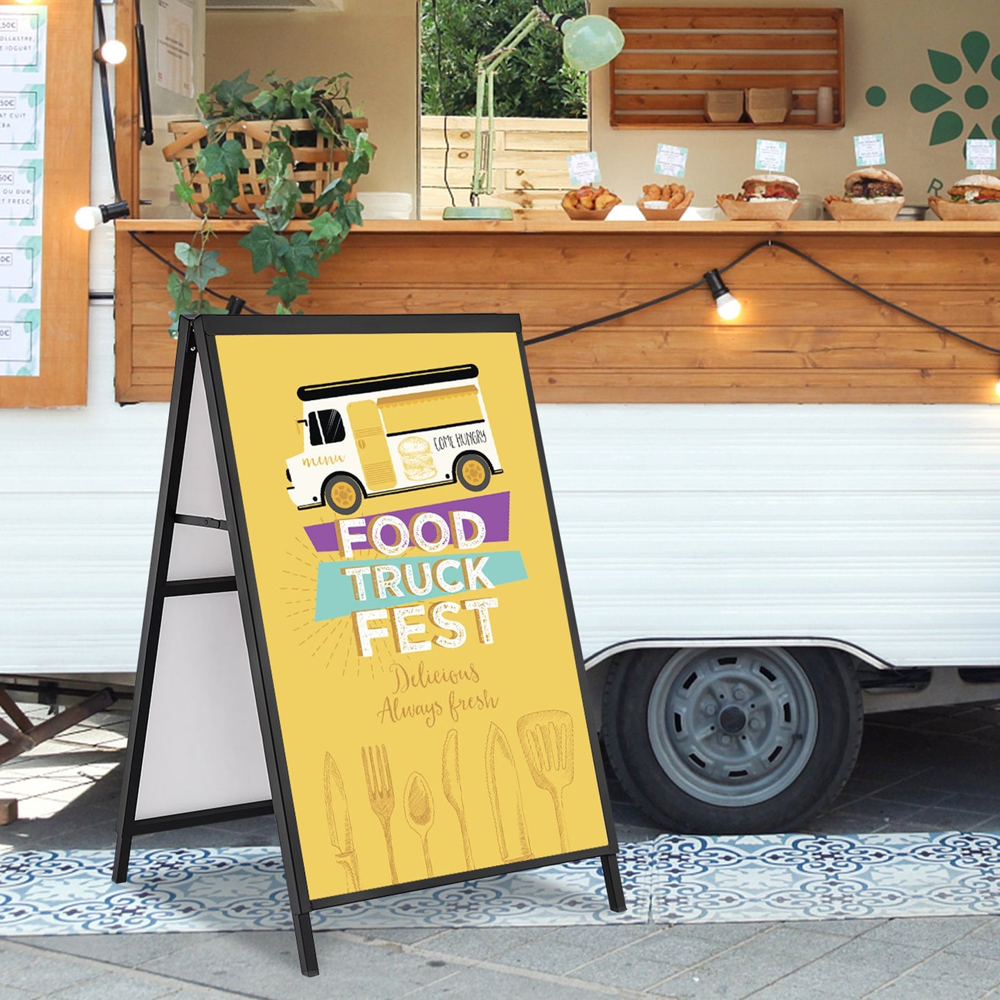 A Frame Sidewalk Sign, 24x36 Inch Heavy Duty Slide-in Signboard Holder, Double-Sided Folding Sandwich Board Signs, Steel Pavement Sign Poster for Outdoor Business Street Advertising (Frame only)