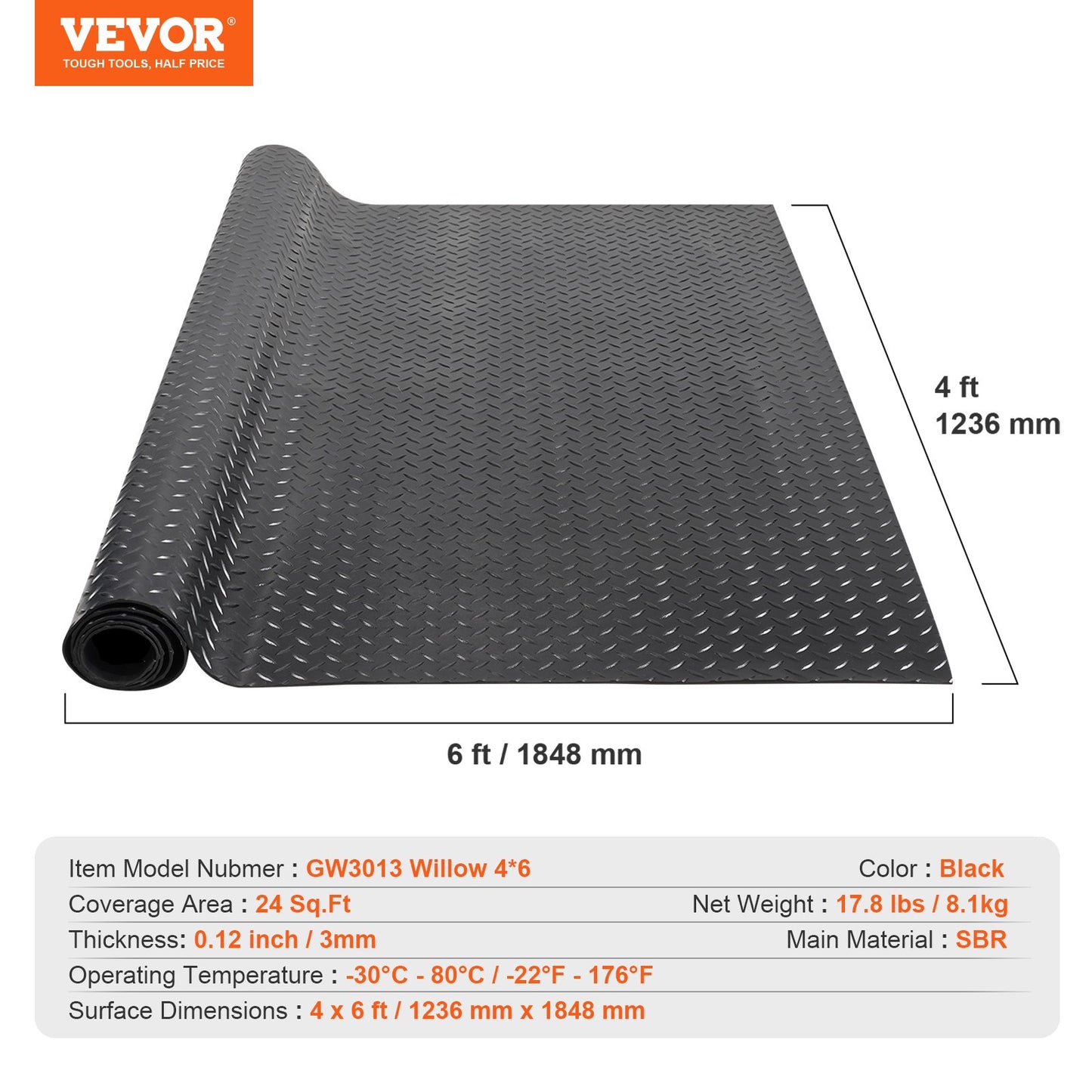 Diamond-Plate Rubber Flooring Roll, 3 mm x 4 ft x 6 ft Garage Floor Mat, SBR Rubber Garage Flooring Roll, Easy to Clean, Diamond Plate Rubber Mat for Under Cars, Garage Industry Gym, Black