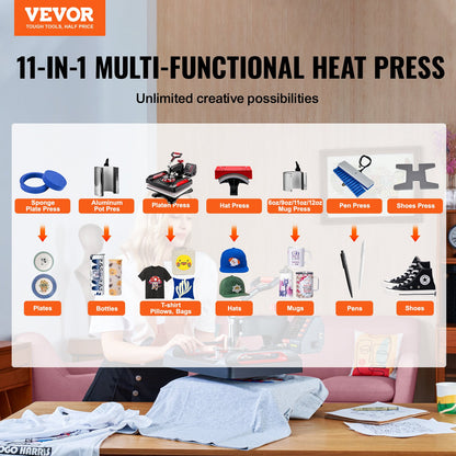 Heat Press Machine Sublimation Machine 15 x 12 Inch/38.1 x 30.5 cm 11 In 1 Kit Heat Press