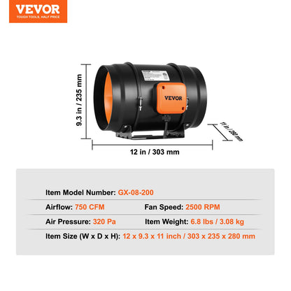 Inline-Rohrventilator, 203,2 mm, 506,2 CFM mit Drehzahlregler, leiser Wechselstrommotor, Abluftventilator für Kühlverstärker, Growzelte, Hydrokultur