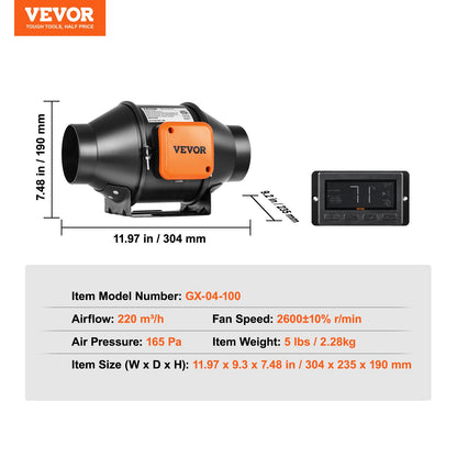 Inline-Rohrventilator, 102 mm, 129,7 CFM, leiser EC-Motor, Abluftventilator mit Temperatur- und Feuchtigkeitsregler für Kühlverstärker, Growzelte und Hydrokultur