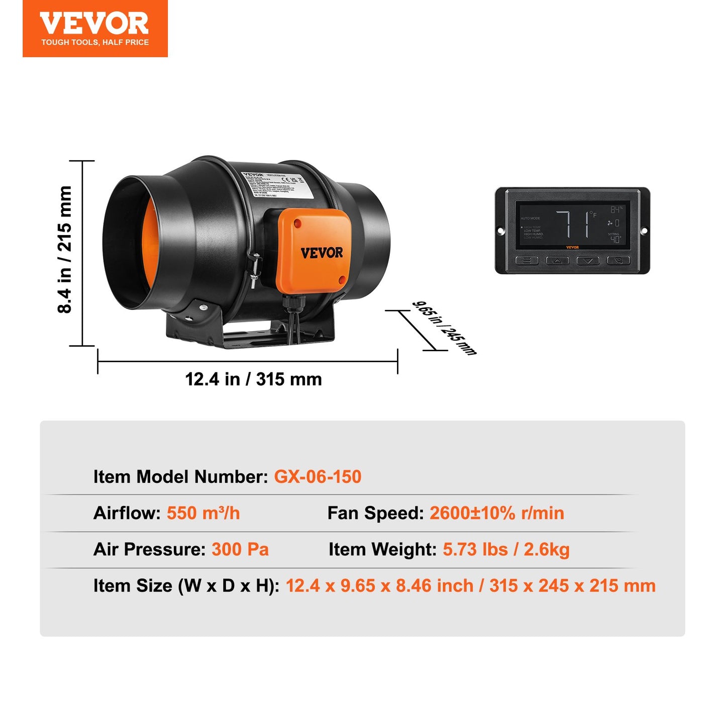 Inline-Rohrventilator, 6 Zoll, 402 CFM mit Temperatur- und Feuchtigkeitsregler, leiser EC-Motor, Abluftventilator für Kühlverstärker, Growzelte, Hydrokultur