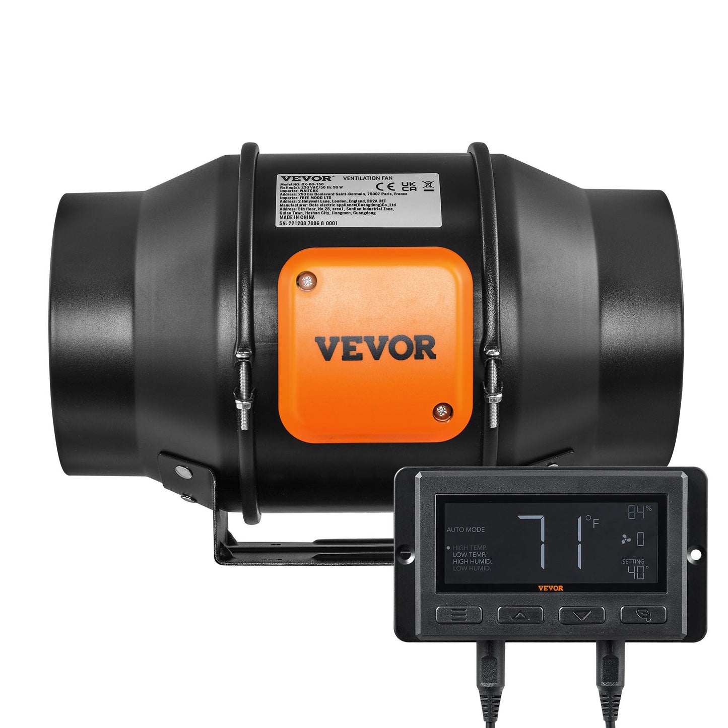 Inline-Rohrventilator, 6 Zoll, 402 CFM mit Temperatur- und Feuchtigkeitsregler, leiser EC-Motor, Abluftventilator für Kühlverstärker, Growzelte, Hydrokultur