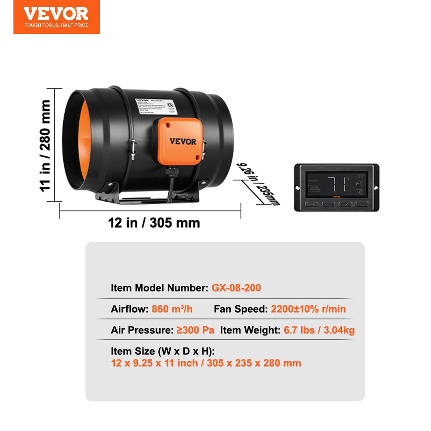 Inline-Rohrventilator, 203,2 mm, 506,2 CFM mit Temperatur- und Feuchtigkeitsregler, leiser Abluftventilator mit EC-Motor für Kühlverstärker, Growzelte und Hydrokultur