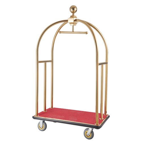 Hotel Luggage Cart, 1100 LBS Load Capacity, Brushed Stainless Steel Bellman's Cart Curved Uprights, Valet Cart with Red Carpeted Deck and 6-inch Rubber Wheels, Ideal for Hotels, Condos, Resorts