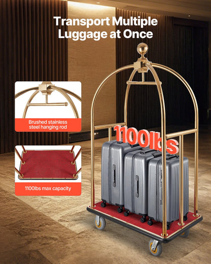 Hotel Luggage Cart, 1100 LBS Load Capacity, Brushed Stainless Steel Bellman's Cart Curved Uprights, Valet Cart with Red Carpeted Deck and 6-inch Rubber Wheels, Ideal for Hotels, Condos, Resorts