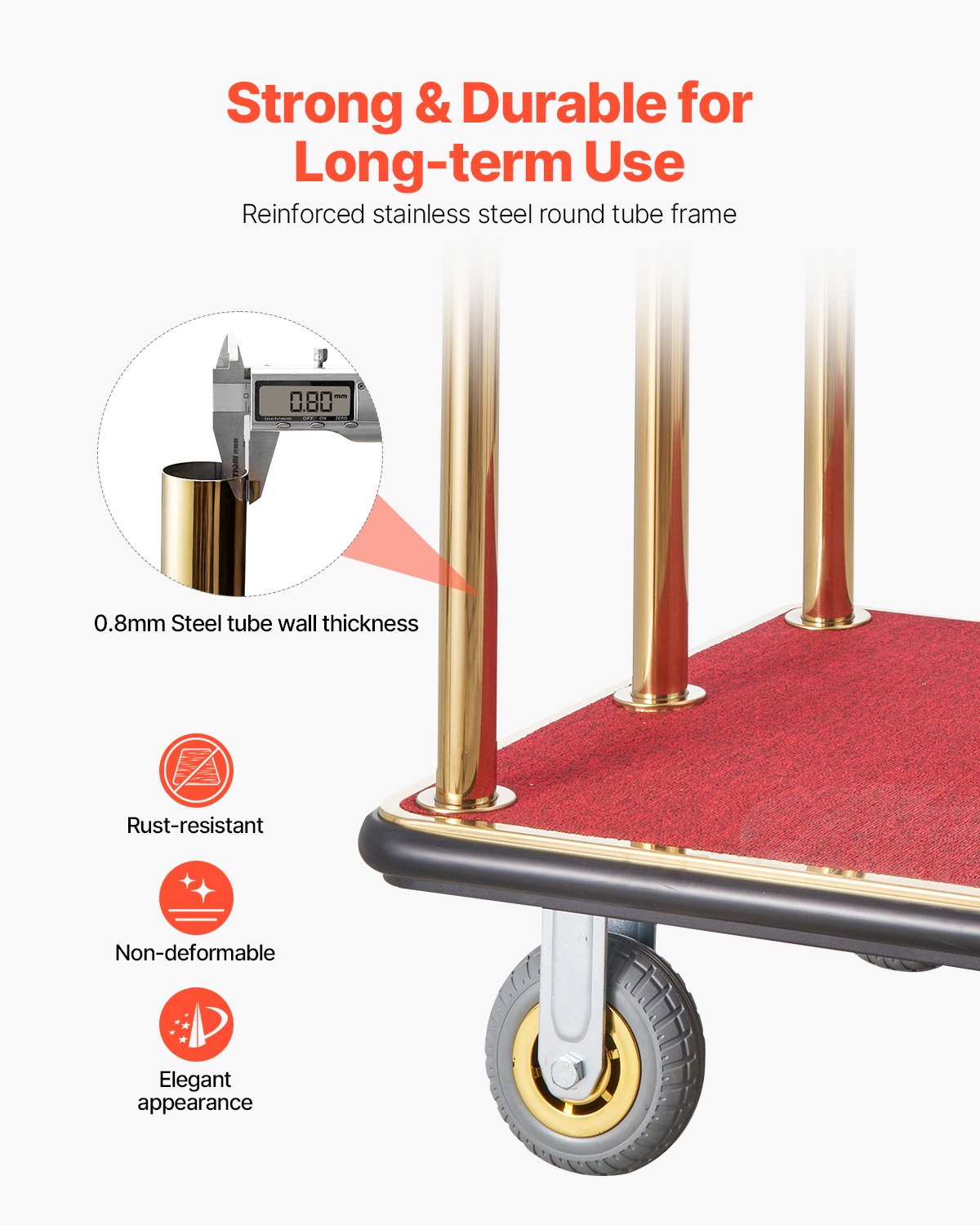 Hotel Luggage Cart, 1100 LBS Load Capacity, Brushed Stainless Steel Bellman's Cart Curved Uprights, Valet Cart with Red Carpeted Deck and 6-inch Rubber Wheels, Ideal for Hotels, Condos, Resorts