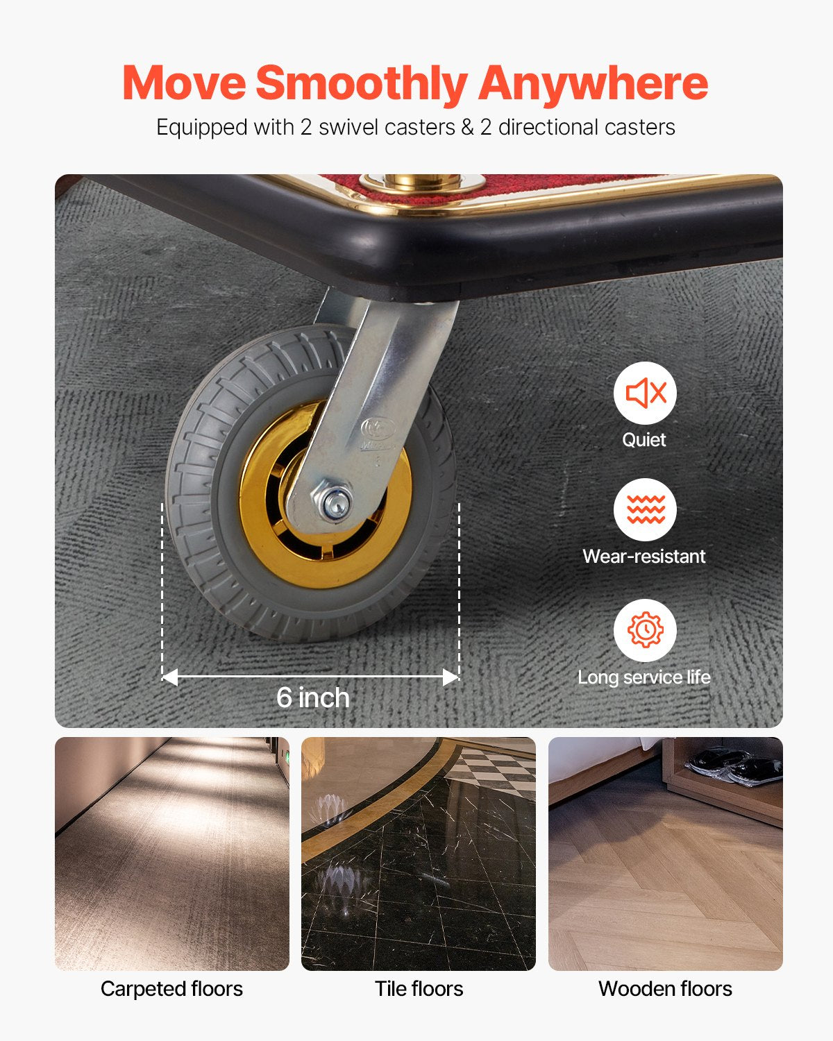 Hotel Luggage Cart, 1100 LBS Load Capacity, Brushed Stainless Steel Bellman's Cart Curved Uprights, Valet Cart with Red Carpeted Deck and 6-inch Rubber Wheels, Ideal for Hotels, Condos, Resorts