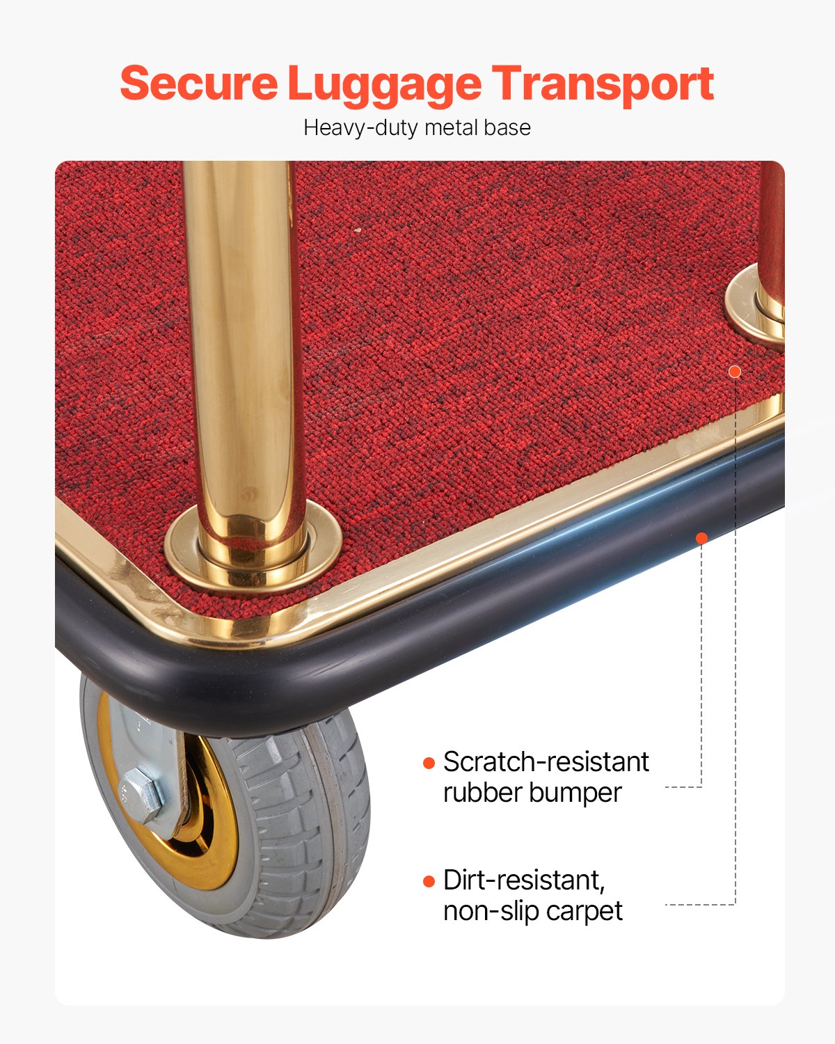 Hotel Luggage Cart, 1100 LBS Load Capacity, Brushed Stainless Steel Bellman's Cart Curved Uprights, Valet Cart with Red Carpeted Deck and 6-inch Rubber Wheels, Ideal for Hotels, Condos, Resorts