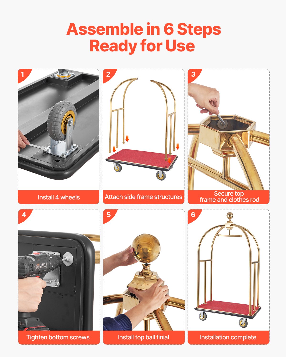 Hotel Luggage Cart, 1100 LBS Load Capacity, Brushed Stainless Steel Bellman's Cart Curved Uprights, Valet Cart with Red Carpeted Deck and 6-inch Rubber Wheels, Ideal for Hotels, Condos, Resorts