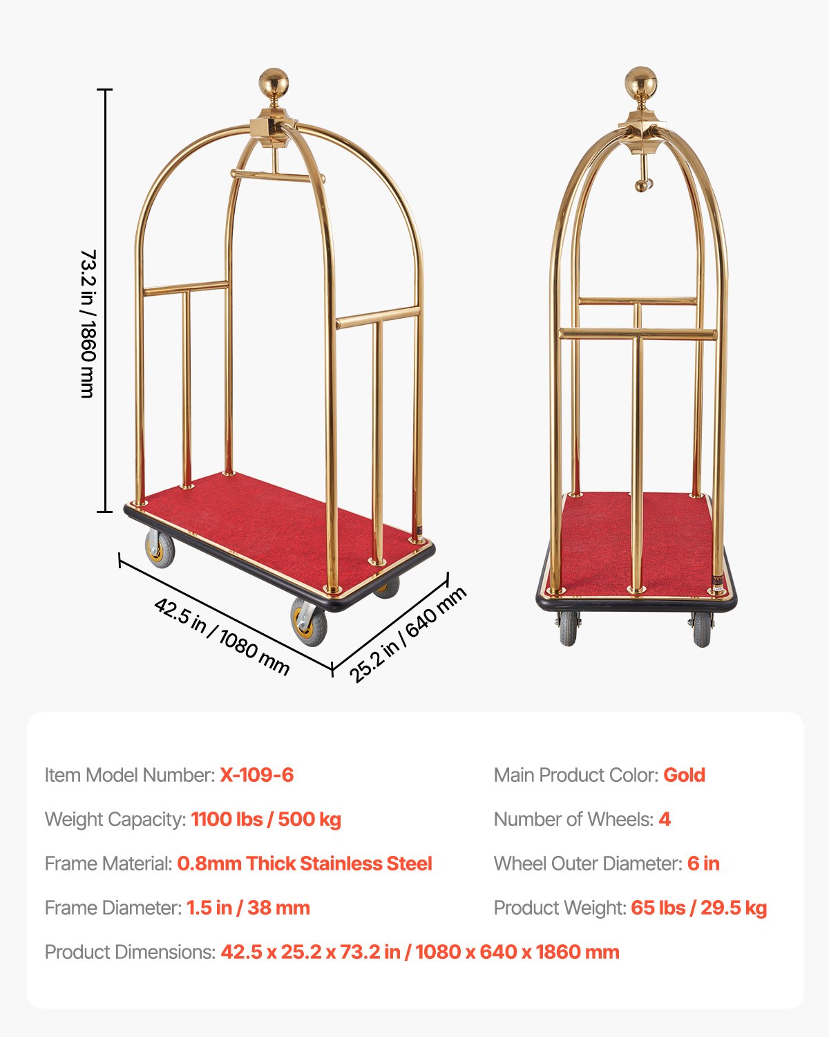 Hotel Luggage Cart, 1100 LBS Load Capacity, Brushed Stainless Steel Bellman's Cart Curved Uprights, Valet Cart with Red Carpeted Deck and 6-inch Rubber Wheels, Ideal for Hotels, Condos, Resorts