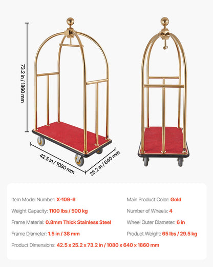 Hotel Luggage Cart, 1100 LBS Load Capacity, Brushed Stainless Steel Bellman's Cart Curved Uprights, Valet Cart with Red Carpeted Deck and 6-inch Rubber Wheels, Ideal for Hotels, Condos, Resorts