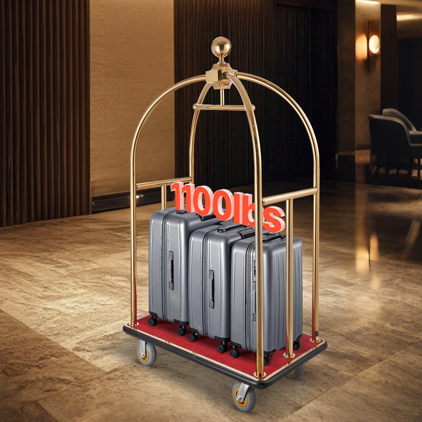 Hotel Luggage Cart, 1100 LBS Load Capacity, Brushed Stainless Steel Bellman's Cart Curved Uprights, Valet Cart with Red Carpeted Deck and 6-inch Rubber Wheels, Ideal for Hotels, Condos, Resorts
