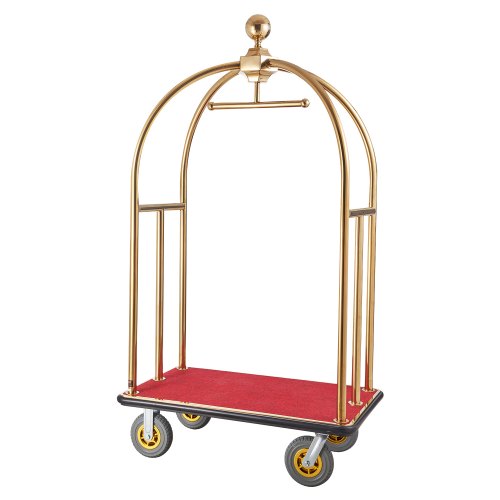 Hotel Luggage Cart, 1500 LBS Load Capacity, Brushed Stainless Steel Bellman's Cart Curved Uprights, Valet Cart with Red Carpeted Deck and 8-inch Rubber Wheels, Ideal for Hotels, Condos, Resorts